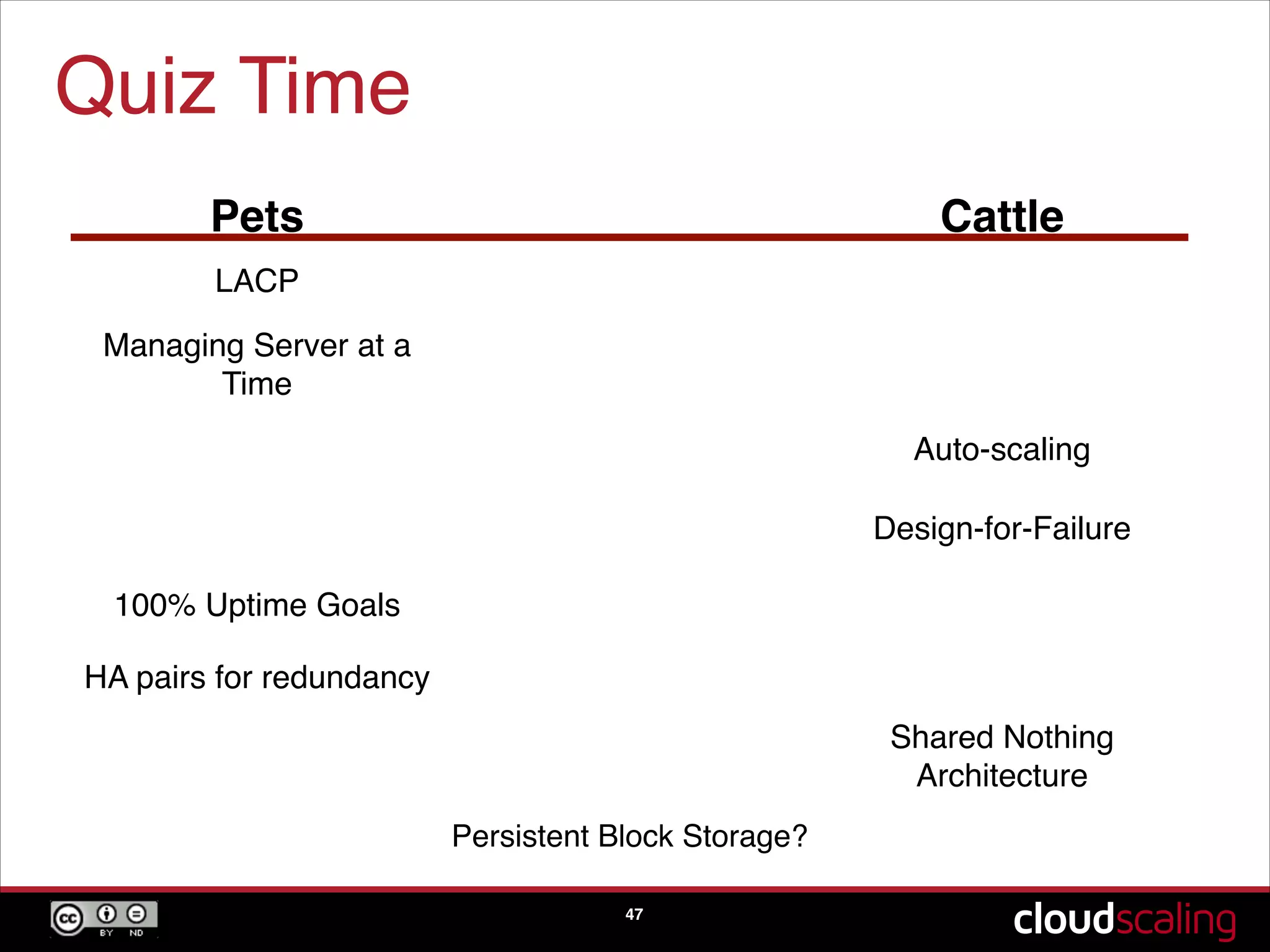 Quiz Time
47
Pets Cattle
NIC bonding
Managing Server at a
Time
Auto-scaling
Design-for-Failure
100% Uptime Goals
HA pairs for redundancy
Shared Nothing
Architecture
Persistent Block Storage?
 