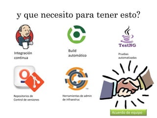 y que necesito para tener esto? 
Integración 
continua 
Build 
automático 
Acuerdo de equipo 
Repositorios de 
Control de versiones 
Herramientas de admin 
de infraestruc 
Pruebas 
automatizadas 
 