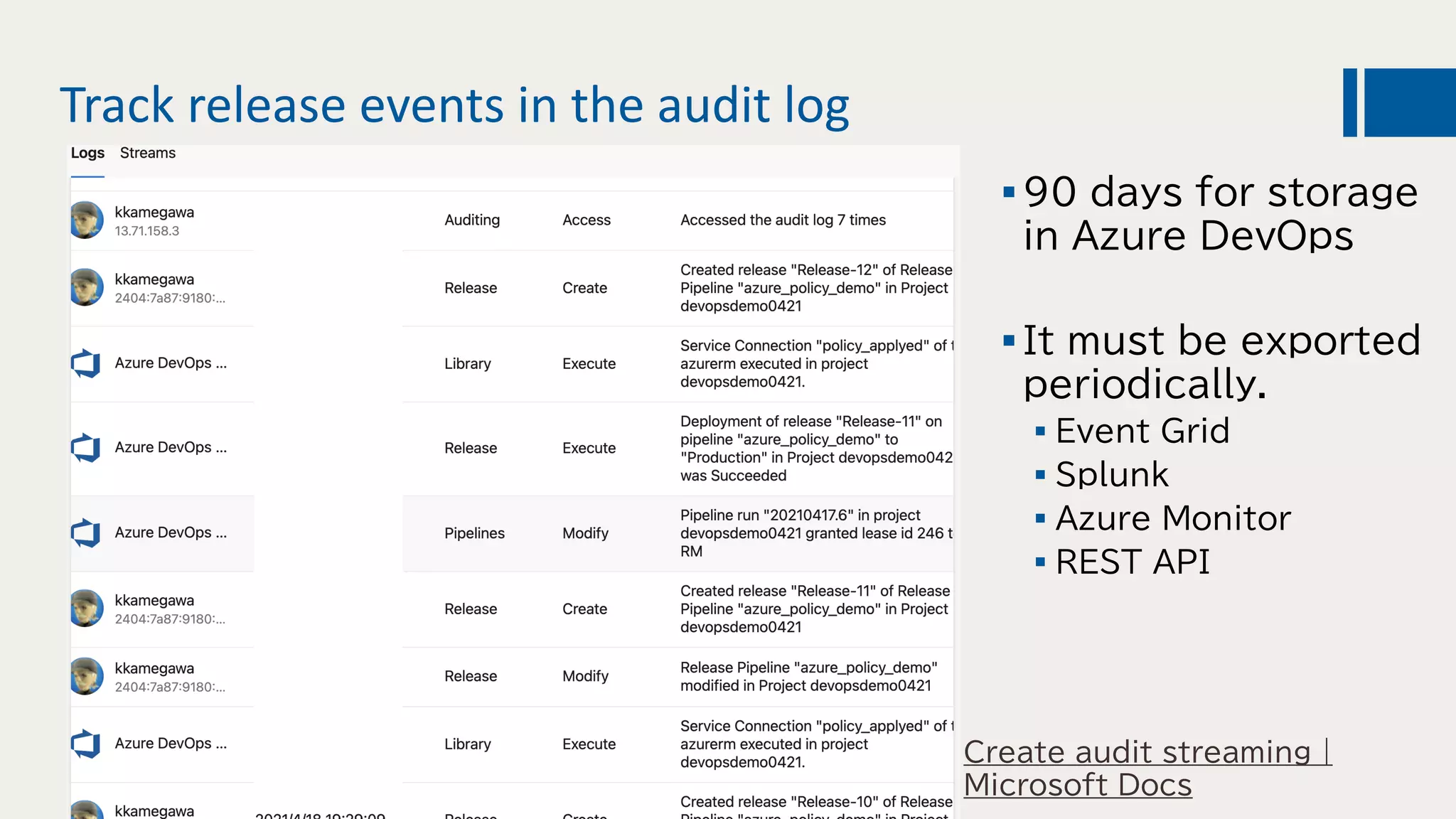 Track release events in the audit log
90 days for storage
in Azure DevOps
It must be exported
periodically.
 Event Grid
 Splunk
 Azure Monitor
 REST API
Create audit streaming |
Microsoft Docs
 