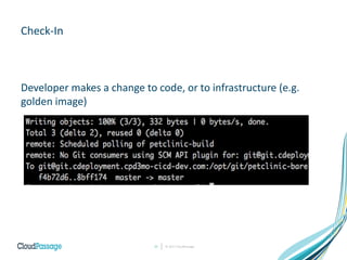 © 2017 CloudPassage22
Check-In
Developer makes a change to code, or to infrastructure (e.g.
golden image)
 