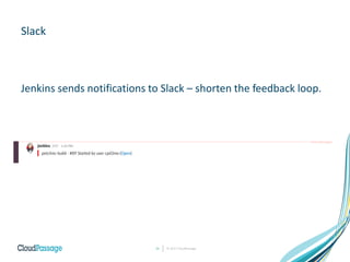 © 2017 CloudPassage24
Slack
Jenkins sends notifications to Slack – shorten the feedback loop.
 