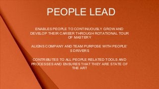 PEOPLE LEAD
ENABLES PEOPLE TO CONTINUOUSLY GROW AND
DEVELOP THEIR CAREER THROUGH ROTATIONAL TOUR
OF MASTERY
ALIGNS COMPANY AND TEAM PURPOSE WITH PEOPLE’
S DRIVERS
CONTRIBUTES TO ALL PEOPLE RELATED TOOLS AND
PROCESSES AND ENSURES THAT THEY ARE STATE OF
THE ART
 