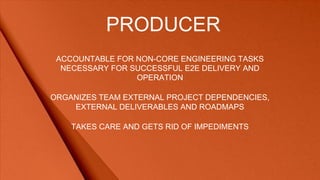 PRODUCER
ACCOUNTABLE FOR NON-CORE ENGINEERING TASKS
NECESSARY FOR SUCCESSFUL E2E DELIVERY AND
OPERATION
ORGANIZES TEAM EXT...