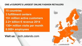 15 countries
3 fulfillment centers
15+ million active customers
2.2+ billion € revenue 2014
130+ million visits per month
8.000+ employees
ONE of EUROPE’S LARGEST ONLINE FASHION RETAILERS
Visit us: tech.zalando.com
 