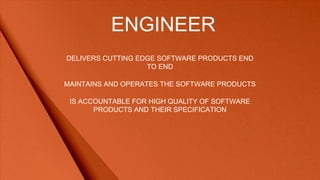 ENGINEER
DELIVERS CUTTING EDGE SOFTWARE PRODUCTS END
TO END
MAINTAINS AND OPERATES THE SOFTWARE PRODUCTS
IS ACCOUNTABLE FOR HIGH QUALITY OF SOFTWARE
PRODUCTS AND THEIR SPECIFICATION
 