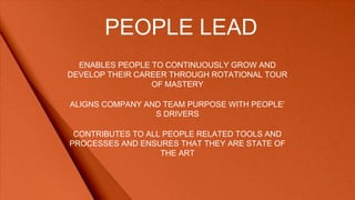 PEOPLE LEAD
ENABLES PEOPLE TO CONTINUOUSLY GROW AND
DEVELOP THEIR CAREER THROUGH ROTATIONAL TOUR
OF MASTERY
ALIGNS COMPANY AND TEAM PURPOSE WITH PEOPLE’
S DRIVERS
CONTRIBUTES TO ALL PEOPLE RELATED TOOLS AND
PROCESSES AND ENSURES THAT THEY ARE STATE OF
THE ART
 