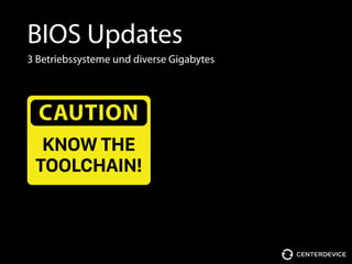 BIOS Updates
3 Betriebssysteme und diverse Gigabytes
CAUTION
KNOW THE 
TOOLCHAIN!
 