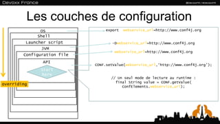 Les couches de configuration
               OS                 export   webservice_url=http://www.conf4j.org
              Shell
         Launcher script             -Dwebservice_url=http://www.conf4j.org
                JVM
                                      webservice_url=http://www.conf4j.org
        Configuration file
               API
                             CONF.setValue(webservice_url,‘http://www.conf4j.org’);
              Start
              here
                                    // Un seul mode de lecture au runtime :
                                      final String value = CONF.getValue(
overriding
                                         ConfElements.webservice_url);
 