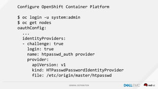 GENERAL DISTRIBUTION
Configure OpenShift Container Platform
$ oc login -u system:admin
$ oc get nodes
oauthConfig:
...
identityProviders:
- challenge: true
login: true
name: htpasswd_auth provider
provider:
apiVersion: v1
kind: HTPasswdPasswordIdentityProvider
file: /etc/origin/master/htpasswd
 