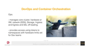 DevOps in a containerized world - OSDC 2019 - Martin Alfke © example42 GmbH
DevOps and Container Orchestration
!17
Ops:
- ...