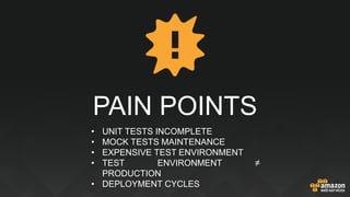 PAIN POINTS
• UNIT TESTS INCOMPLETE
• MOCK TESTS MAINTENANCE
• EXPENSIVE TEST ENVIRONMENT
• TEST ENVIRONMENT ≠
PRODUCTION
• DEPLOYMENT CYCLES
 