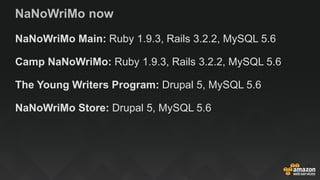 NaNoWriMo now
NaNoWriMo Main: Ruby 1.9.3, Rails 3.2.2, MySQL 5.6
Camp NaNoWriMo: Ruby 1.9.3, Rails 3.2.2, MySQL 5.6
The Young Writers Program: Drupal 5, MySQL 5.6
NaNoWriMo Store: Drupal 5, MySQL 5.6
 