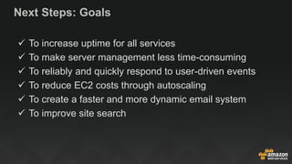 Next Steps: Goals
 To increase uptime for all services
 To make server management less time-consuming
 To reliably and quickly respond to user-driven events
 To reduce EC2 costs through autoscaling
 To create a faster and more dynamic email system
 To improve site search
 
