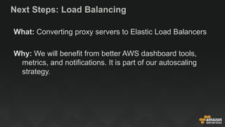 Next Steps: Load Balancing
What: Converting proxy servers to Elastic Load Balancers
Why: We will benefit from better AWS dashboard tools,
metrics, and notifications. It is part of our autoscaling
strategy.
 