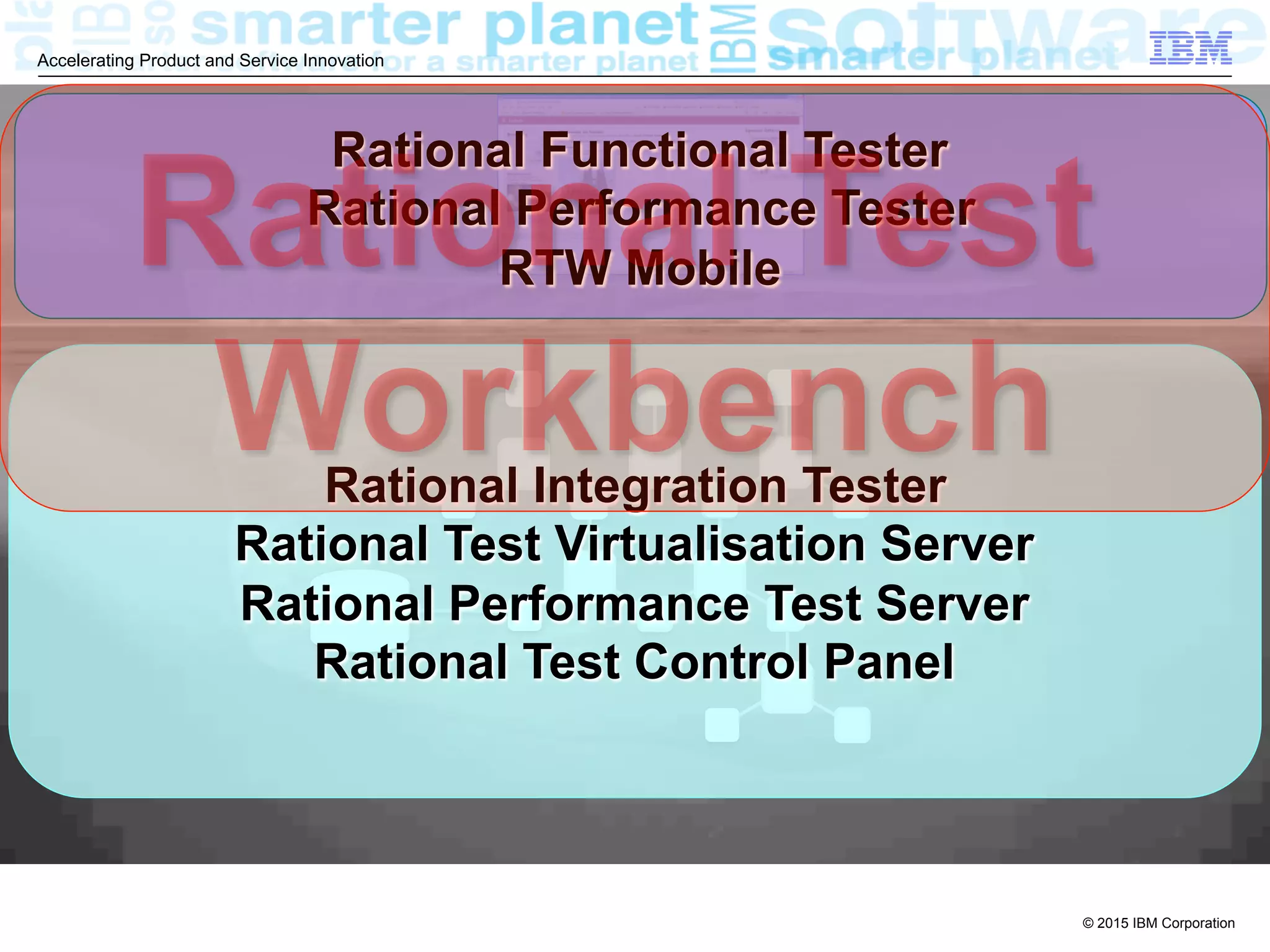 © 2015 IBM Corporation
Accelerating Product and Service Innovation
Rational Functional Tester
Rational Performance Tester
RTW Mobile
Rational Integration Tester
Rational Test Virtualisation Server
Rational Performance Test Server
Rational Test Control Panel
Rational Test
Workbench
 