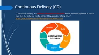 Continuous Delivery (CD)
“Continuous Delivery is a software development discipline where you build software in such a
way that the software can be released to production at any time.”
https://martinfowler.com/bliki/ContinuousDelivery.html
 
