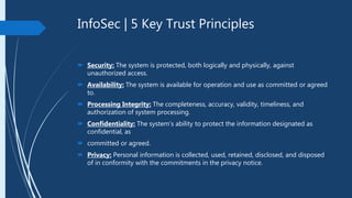 InfoSec | 5 Key Trust Principles
 Security: The system is protected, both logically and physically, against
unauthorized access.
 Availability: The system is available for operation and use as committed or agreed
to.
 Processing Integrity: The completeness, accuracy, validity, timeliness, and
authorization of system processing.
 Confidentiality: The system’s ability to protect the information designated as
confidential, as
 committed or agreed.
 Privacy: Personal information is collected, used, retained, disclosed, and disposed
of in conformity with the commitments in the privacy notice.
 