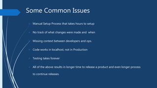 Some Common Issues
 Manual Setup Process that takes hours to setup
 No track of what changes were made and when
 Missing context between developers and ops.
 Code works in localhost, not in Production
 Testing takes forever
 All of the above results in longer time to release a product and even longer process
to continue releases.
 