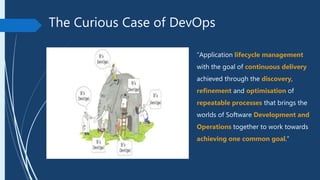The Curious Case of DevOps
“Application lifecycle management
with the goal of continuous delivery
achieved through the discovery,
refinement and optimisation of
repeatable processes that brings the
worlds of Software Development and
Operations together to work towards
achieving one common goal.”
 