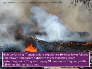 17
High-performing IT organizations experience 60 times fewer failures
and recover from failure 168 times faster than their lower-
performing peers. They also deploy 30 times more frequently with
200 times shorter lead times
https://www.ﬂickr.com/photos/kaibabnationalforest/14668882989
 