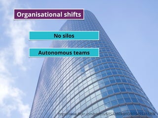 9
No silos
https://www.ﬂickr.com/photos/68532869@N08/15455361809
Autonomous teams
Organisational shifts
 