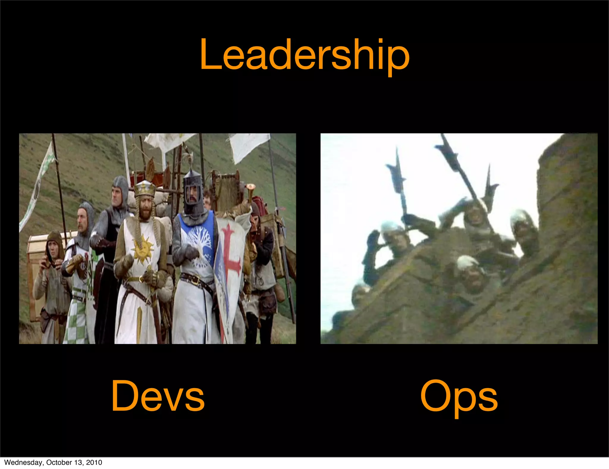 Leadership




                              Devs            Ops
Wednesday, October 13, 2010
 