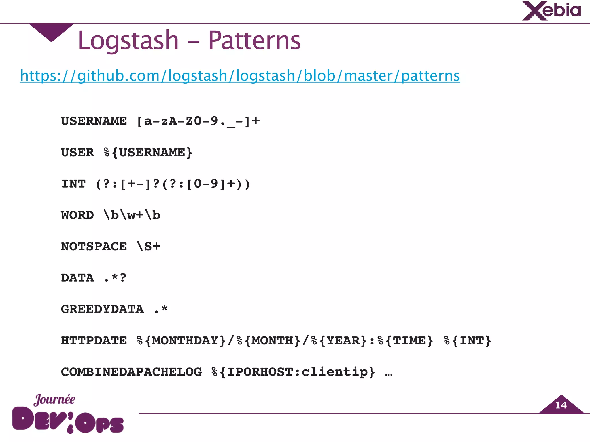 Logstash - Patterns
14
USERNAME [a-zA-Z0-9._-]+!
USER %{USERNAME}!
INT (?:[+-]?(?:[0-9]+))!
WORD bw+b!
NOTSPACE S+!
DATA .*?!
GREEDYDATA .*!
HTTPDATE %{MONTHDAY}/%{MONTH}/%{YEAR}:%{TIME} %{INT}!
COMBINEDAPACHELOG %{IPORHOST:clientip} …
https://github.com/logstash/logstash/blob/master/patterns
 