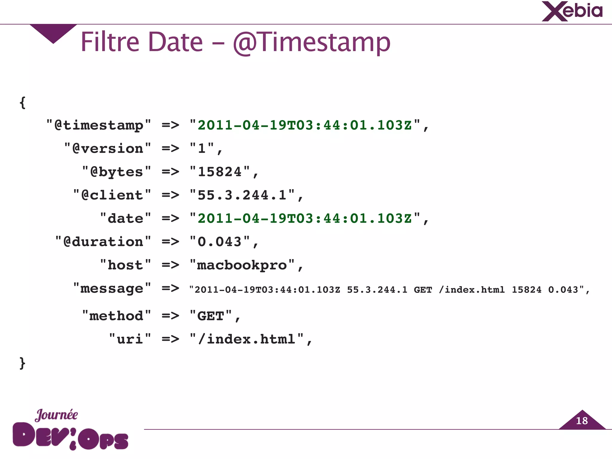 Filtre Date - @Timestamp
18
{!
"@timestamp" => "2011-04-19T03:44:01.103Z",!
"@version" => "1",!
"@bytes" => "15824",!
"@client" => "55.3.244.1",!
"date" => "2011-04-19T03:44:01.103Z",!
"@duration" => "0.043",!
"host" => "macbookpro",!
"message" => "2011-04-19T03:44:01.103Z 55.3.244.1 GET /index.html 15824 0.043",!
"method" => "GET",!
"uri" => "/index.html",!
}
 