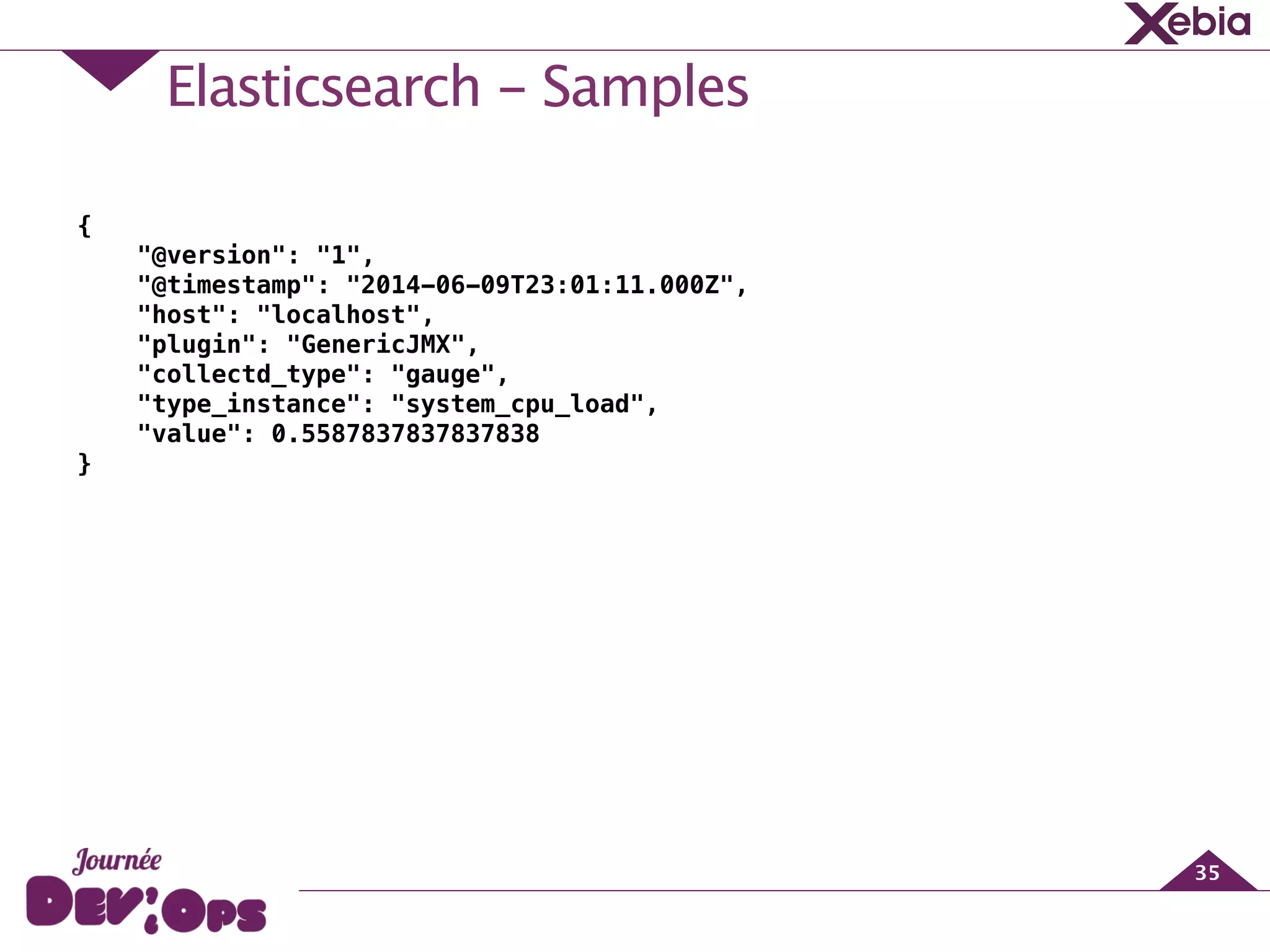 Elasticsearch - Samples
35
{
"@version": "1",
"@timestamp": "2014-06-09T23:01:11.000Z",
"host": "localhost",
"plugin": "GenericJMX",
"collectd_type": "gauge",
"type_instance": "system_cpu_load",
"value": 0.5587837837837838
}
 