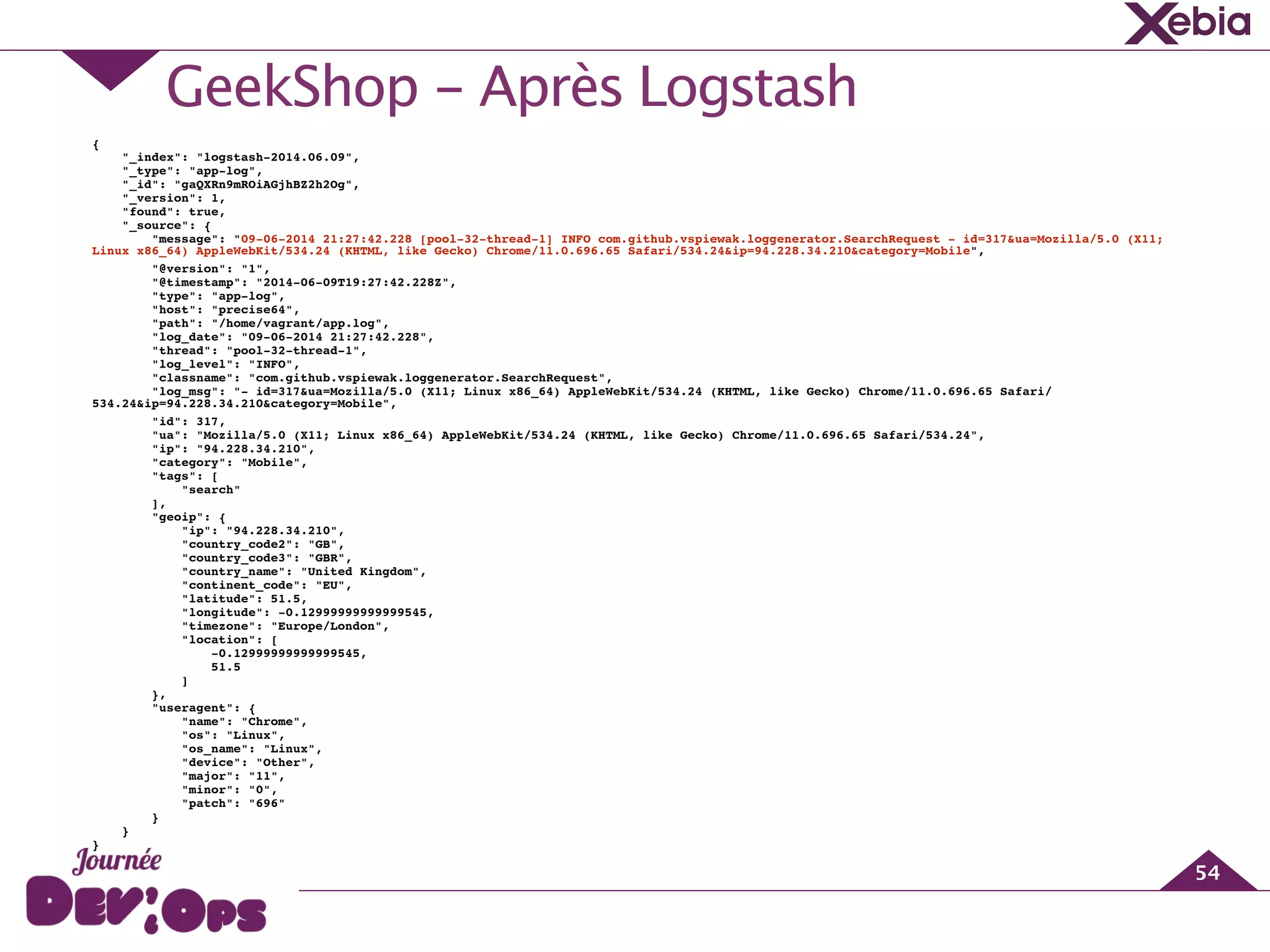 GeekShop - Après Logstash
54
{!
"_index": "logstash-2014.06.09",!
"_type": "app-log",!
"_id": "gaQXRn9mROiAGjhBZ2h2Og",!
"_version": 1,!
"found": true,!
"_source": {!
"message": "09-06-2014 21:27:42.228 [pool-32-thread-1] INFO com.github.vspiewak.loggenerator.SearchRequest - id=317&ua=Mozilla/5.0 (X11;
Linux x86_64) AppleWebKit/534.24 (KHTML, like Gecko) Chrome/11.0.696.65 Safari/534.24&ip=94.228.34.210&category=Mobile",!
"@version": "1",!
"@timestamp": "2014-06-09T19:27:42.228Z",!
"type": "app-log",!
"host": "precise64",!
"path": "/home/vagrant/app.log",!
"log_date": "09-06-2014 21:27:42.228",!
"thread": "pool-32-thread-1",!
"log_level": "INFO",!
"classname": "com.github.vspiewak.loggenerator.SearchRequest",!
"log_msg": "- id=317&ua=Mozilla/5.0 (X11; Linux x86_64) AppleWebKit/534.24 (KHTML, like Gecko) Chrome/11.0.696.65 Safari/
534.24&ip=94.228.34.210&category=Mobile",!
"id": 317,!
"ua": "Mozilla/5.0 (X11; Linux x86_64) AppleWebKit/534.24 (KHTML, like Gecko) Chrome/11.0.696.65 Safari/534.24",!
"ip": "94.228.34.210",!
"category": "Mobile",!
"tags": [!
"search"!
],!
"geoip": {!
"ip": "94.228.34.210",!
"country_code2": "GB",!
"country_code3": "GBR",!
"country_name": "United Kingdom",!
"continent_code": "EU",!
"latitude": 51.5,!
"longitude": -0.12999999999999545,!
"timezone": "Europe/London",!
"location": [!
-0.12999999999999545,!
51.5!
]!
},!
"useragent": {!
"name": "Chrome",!
"os": "Linux",!
"os_name": "Linux",!
"device": "Other",!
"major": "11",!
"minor": "0",!
"patch": "696"!
}!
}!
}
 