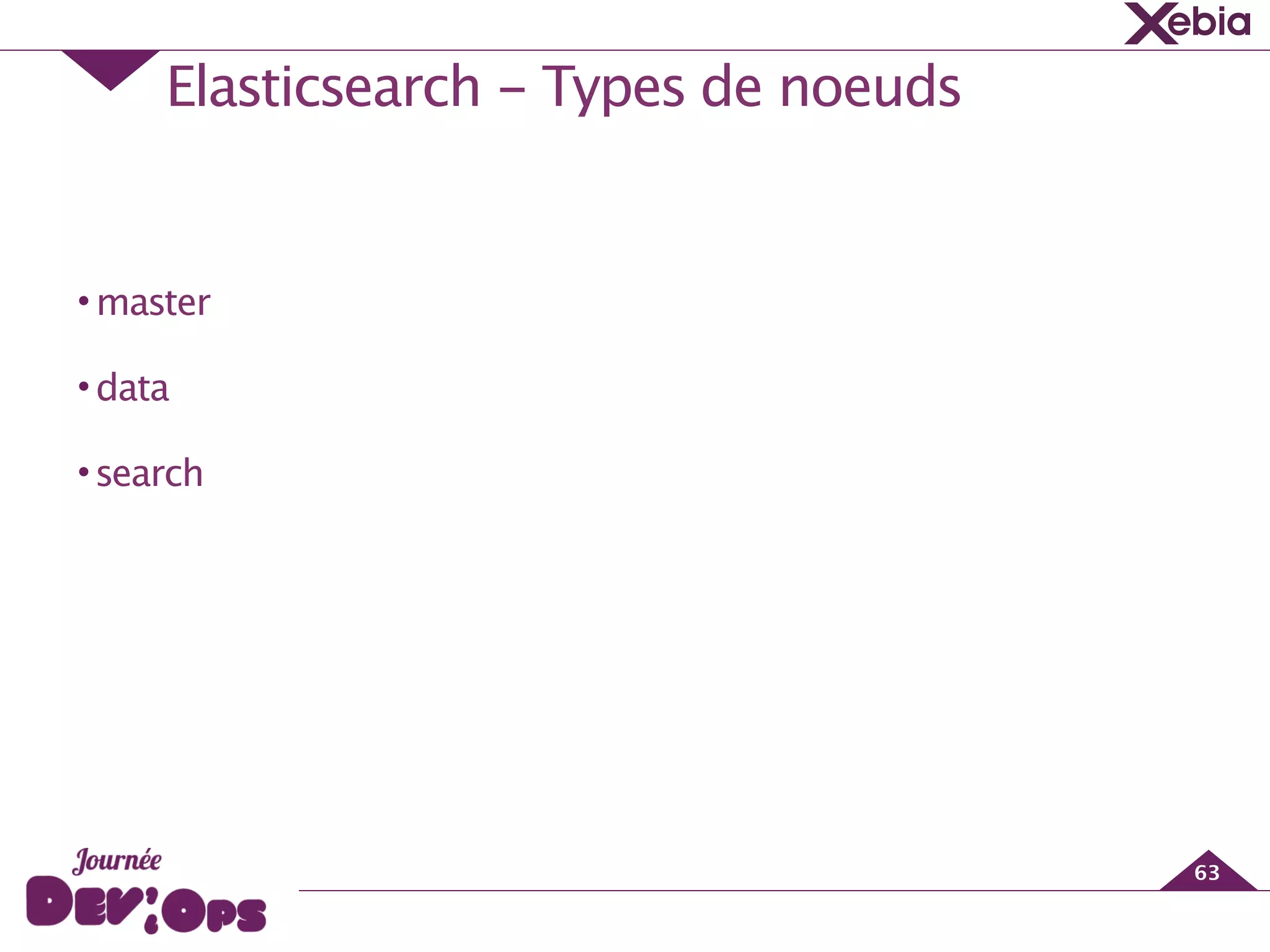 Elasticsearch - Types de noeuds
63
!
•master
•data
•search
 