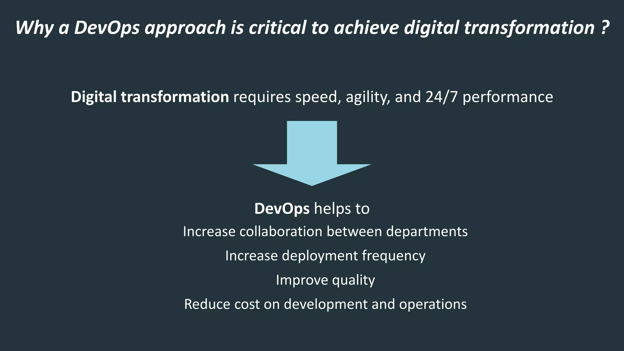 Digital transformation requires speed, agility, and 24/7 performance
DevOps helps to
Increase collaboration between departments
Increase deployment frequency
Improve quality
Reduce cost on development and operations
Why a DevOps approach is critical to achieve digital transformation ?
 
