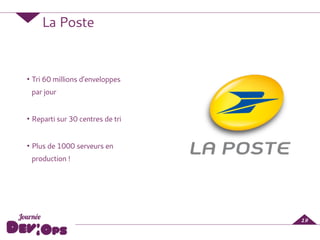 La Poste
• Tri 60 millions d’enveloppes
par jour  
• Reparti sur 30 centres de tri 
• Plus de 1000 serveurs en
production !
19
 