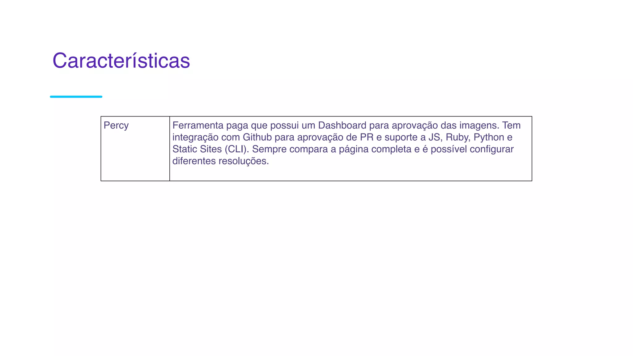 Percy Ferramenta paga que possui um Dashboard para aprovação das imagens. Tem
integração com Github para aprovação de PR e suporte a JS, Ruby, Python e
Static Sites (CLI). Sempre compara a página completa e é possível configurar
diferentes resoluções. 
Características
 