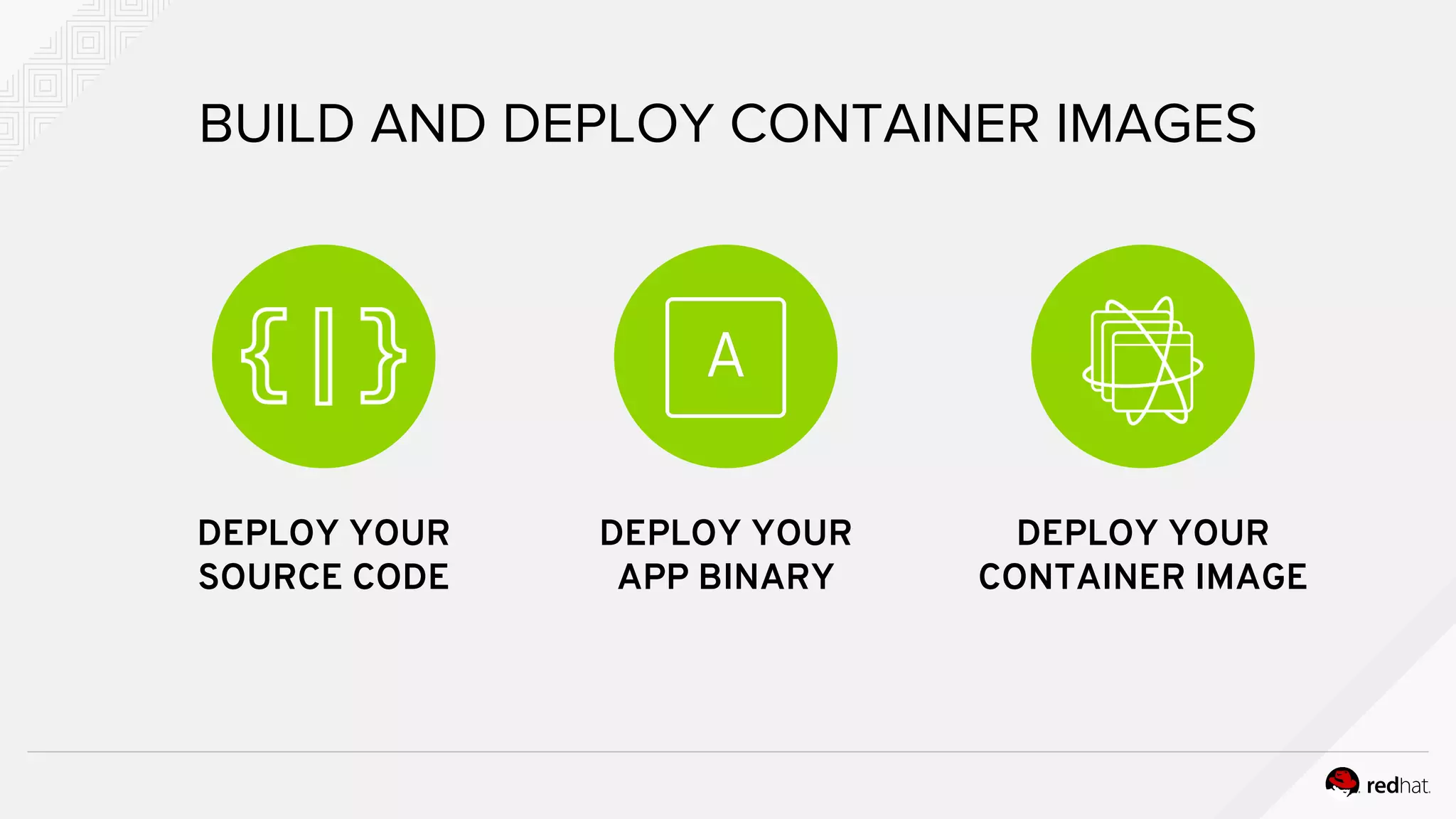 BUILD AND DEPLOY CONTAINER IMAGES
DEPLOY YOUR
SOURCE CODE
DEPLOY YOUR
APP BINARY
DEPLOY YOUR
CONTAINER IMAGE
 