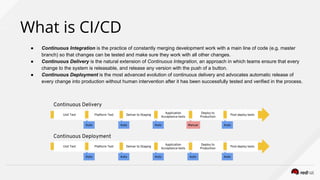 What is CI/CD
● Continuous Integration is the practice of constantly merging development work with a main line of code (e.g. master
branch) so that changes can be tested and make sure they work with all other changes.
● Continuous Delivery is the natural extension of Continuous Integration, an approach in which teams ensure that every
change to the system is releasable, and release any version with the push of a button.
● Continuous Deployment is the most advanced evolution of continuous delivery and advocates automatic release of
every change into production without human intervention after it has been successfully tested and verified in the process.
Unit Test Platform Test Deliver to Staging
Application
Acceptance tests
Deploy to
Production
Post deploy tests
Auto Auto Auto AutoManual
Unit Test Platform Test Deliver to Staging
Application
Acceptance tests
Deploy to
Production
Post deploy tests
Auto Auto Auto AutoAuto
Continuous Delivery
Continuous Deployment
 