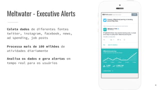 Meltwater - Executive Alerts
Coleta dados de diferentes fontes
twitter, instagram, facebook, news,
ad spending, job posts
Processa mais de 100 milhões de
atividades diariamente
Analisa os dados e gera alertas em
tempo real para os usuários
4
 