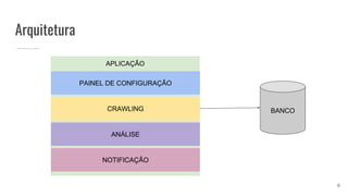 Arquitetura
APLICAÇÃO
PAINEL DE CONFIGURAÇÃO
CRAWLING
ANÁLISE
NOTIFICAÇÃO
BANCO
8
 