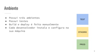 Ambiente
● Possui três ambientes
● Possui testes
● Build e deploy é feito manualmente
● Cada desenvolvedor instala e configura na
sua máquina
TEST
STAGING
PROD
9
 