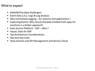 What to expect:










MakeMyTrip data challenges!
Event Data a.k.a. Logs & Log Analysis
Why Centralized Logging …for systems and applications !
Capturing Events: Why structured data emitted from apps for
machines is a better approach!
Data Service Platform : DSP – Why ?
Inputs: Data for DSP
Top Architecture Considerations
Top level key tasks
Tools Arsenal and API Management and Service Cloud

DevOpsDays India 2013 : ~/Piyush

 