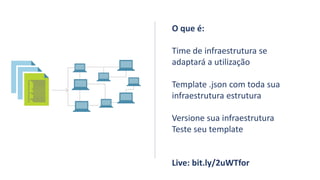 IaC
O que é:
Time de infraestrutura se
adaptará a utilização
Template .json com toda sua
infraestrutura estrutura
Versione sua infraestrutura
Teste seu template
Live: bit.ly/2uWTfor
 