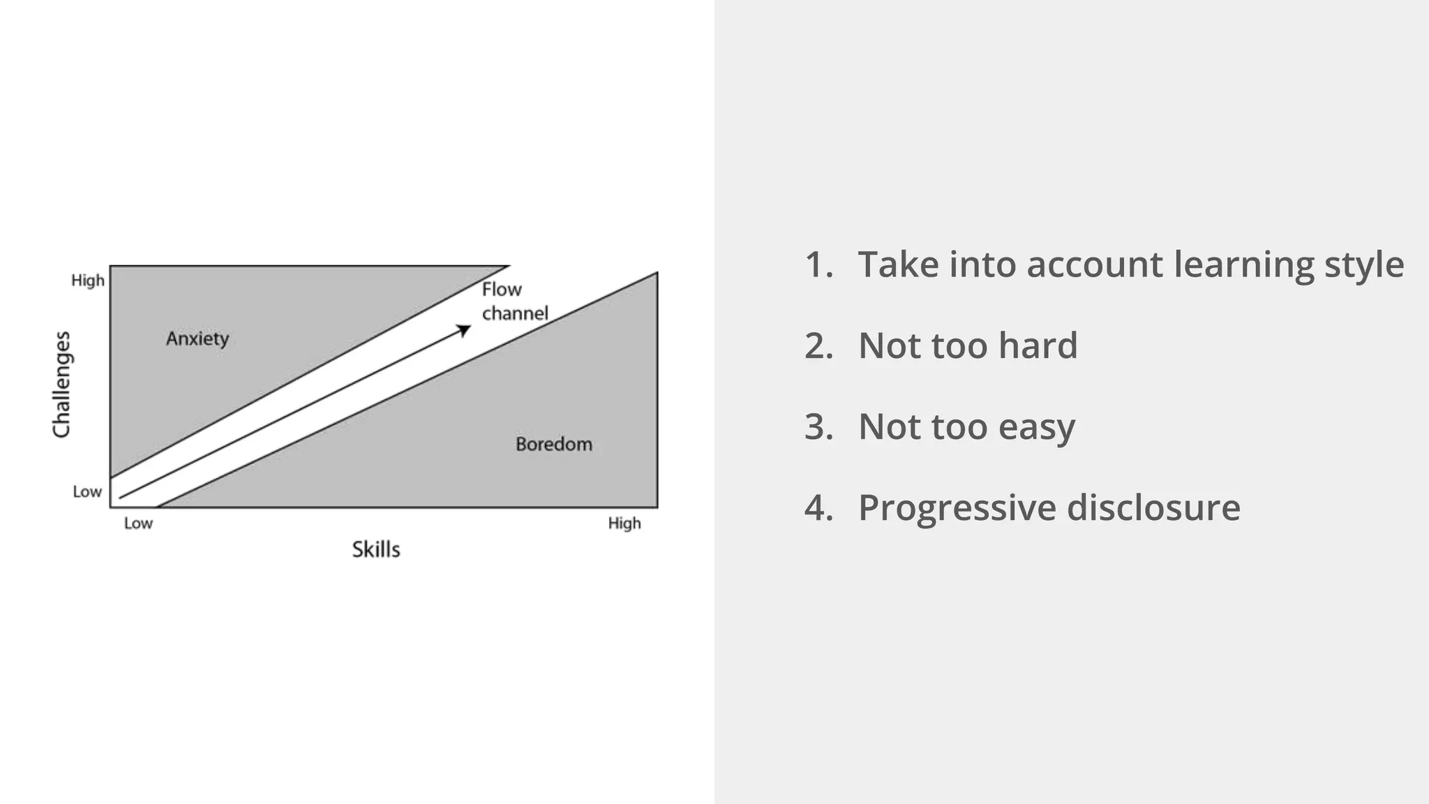 1. Take into account learning style
2. Not too hard
3. Not too easy
4. Progressive disclosure
 