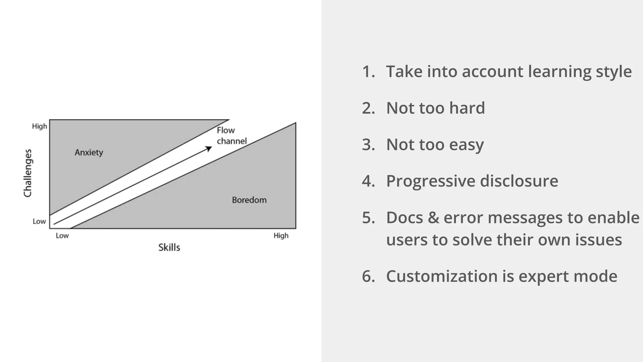 1. Take into account learning style
2. Not too hard
3. Not too easy
4. Progressive disclosure
5. Docs & error messages to enable
users to solve their own issues
6. Customization is expert mode
 