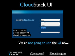 @remibergsma@neubauerf
CloudStack UI
user: admin
pass: password
domain: <empty>
We’re not going to use the UI now.
 