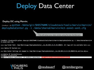 @remibergsma@neubauerf
Deploy Data Center
[root@cs1 ~]# python /data/git/$HOSTNAME/cloudstack/tools/marvin/marvin/
deployDataCenter.py -i /data/shared/marvin/mct-zone1-xen1.cfg
Deploy DC using Marvin:
This will setup your data center using the two XenServers
 