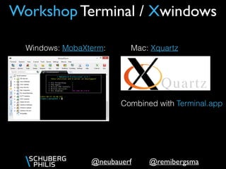 @remibergsma@neubauerf
Workshop Terminal / Xwindows
Windows: MobaXterm: Mac: Xquartz
Combined with Terminal.app
 