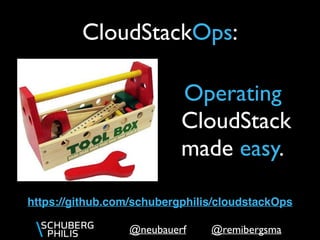 @remibergsma@neubauerf
CloudStackOps:
Operating
CloudStack
made easy.
https://github.com/schubergphilis/cloudstackOps
 