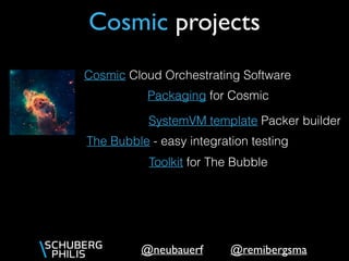 @remibergsma@neubauerf
Cosmic projects
Cosmic Cloud Orchestrating Software
Packaging for Cosmic
SystemVM template Packer builder
The Bubble - easy integration testing
Toolkit for The Bubble
 