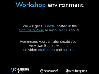 @remibergsma@neubauerf
Workshop environment
You will get a Bubble, hosted in the
Schuberg Philis Mission Critical Cloud.
Remember: you can later create your
very own Bubble with the
provided cookbooks and scripts.
 