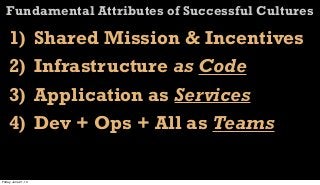 Fundamental Attributes of Successful Cultures
1) Shared Mission & Incentives
2) Infrastructure as Code
3) Application as Services
4) Dev + Ops + All as Teams
Friday, June 21, 13
 